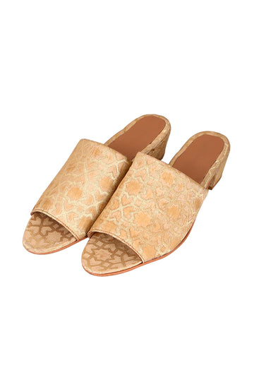 Beige Brocade Block Heels